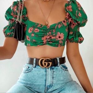 Zara satin green floral puffer crop top nwt